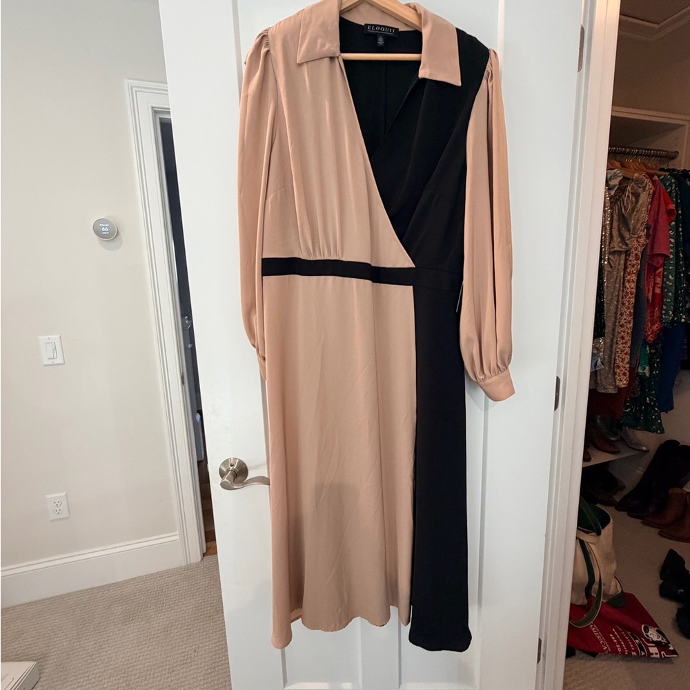 Eloquii Beige and Black Long Sleeve Dress